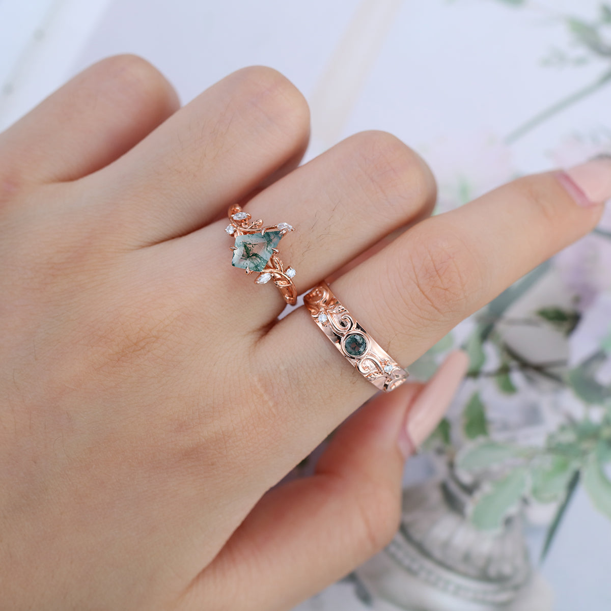 Kite Green Moss Agate & Whiskey Barrel Couples Ring Set- His and Hers Wedding Band Rose Gold Matching Promise Rings