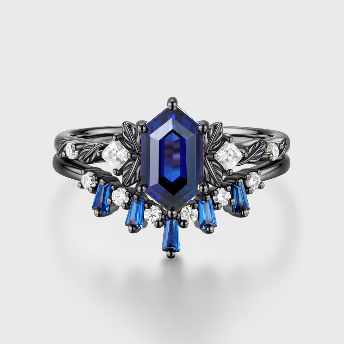 Hexagon cut Sapphire Leaf Vine Split Shank Bridal Set