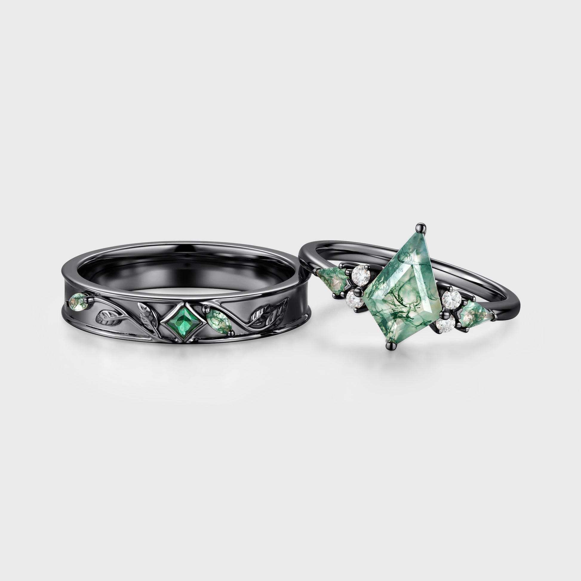 Forever Glow Moss Agate Couple Rings | Rose Gold Leaf Wedding Bridal Set
