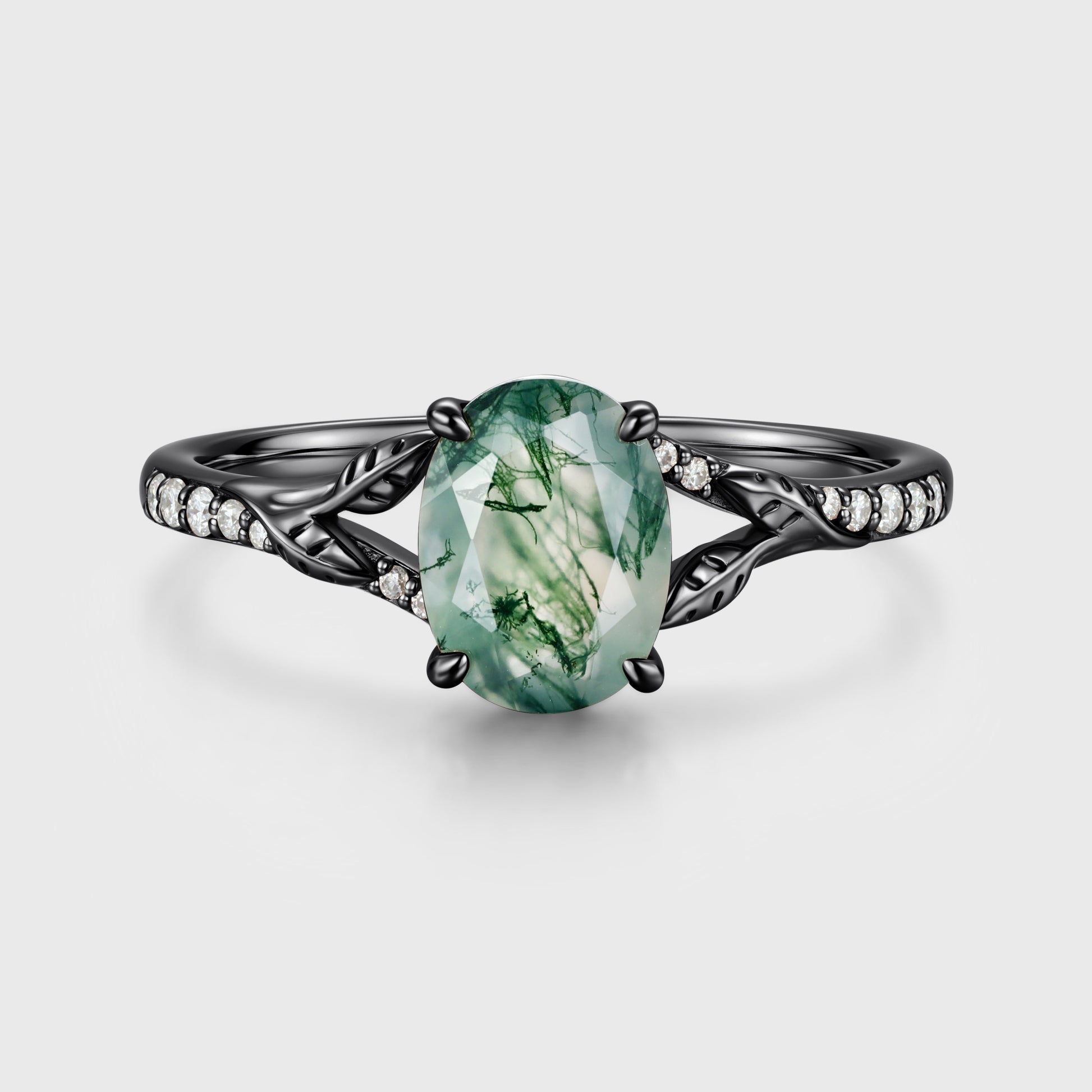 Oval cut Moss Agate Leaf Gold Pave Diamonds Engagement Ring