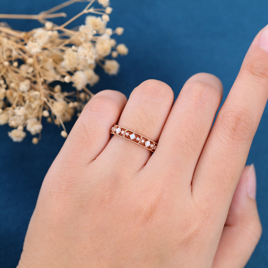 Retro Round Opal Half Eternity Wedding Band