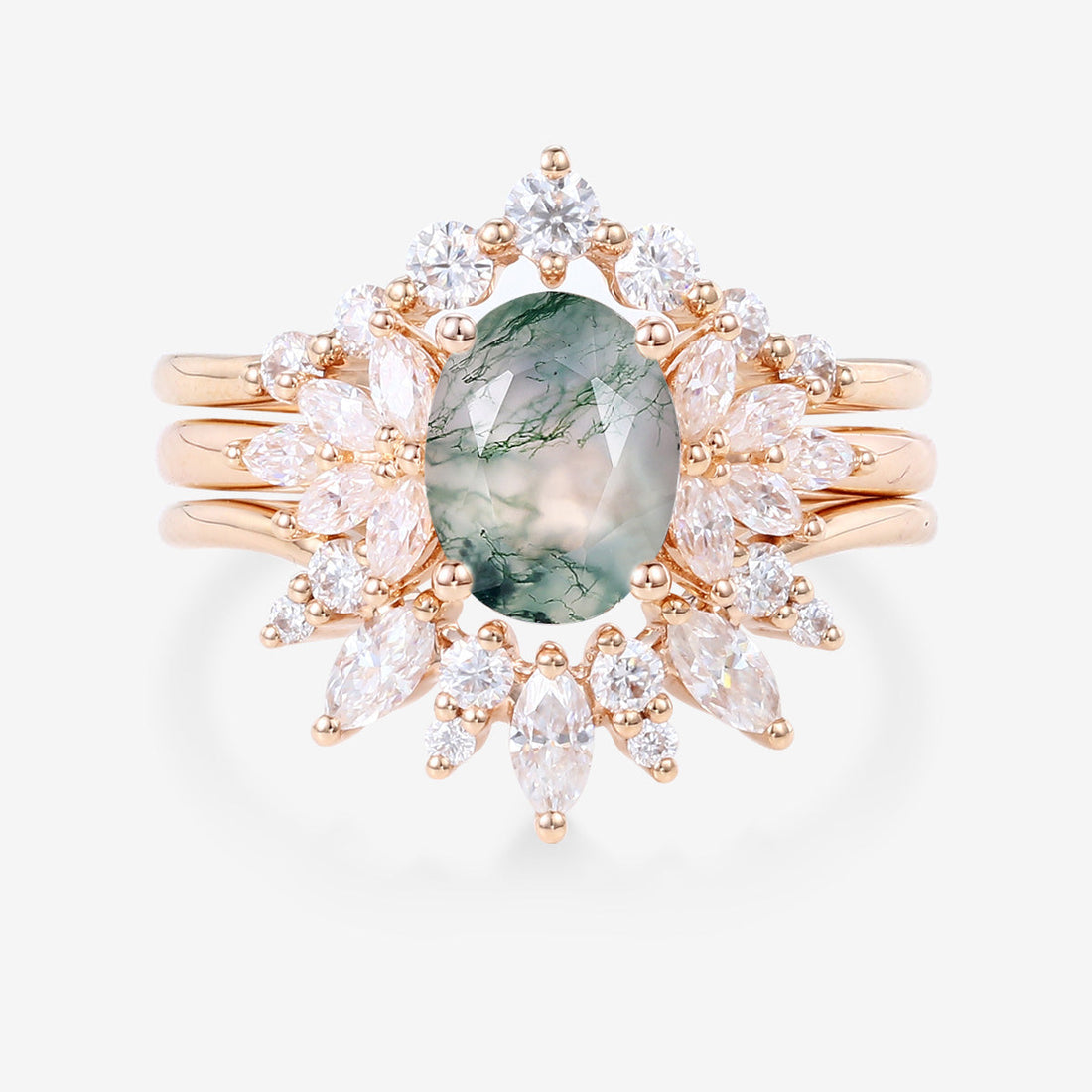 Natural Green Moss Agate 3PCS Oval cut Engagement rings Bridal Sets
