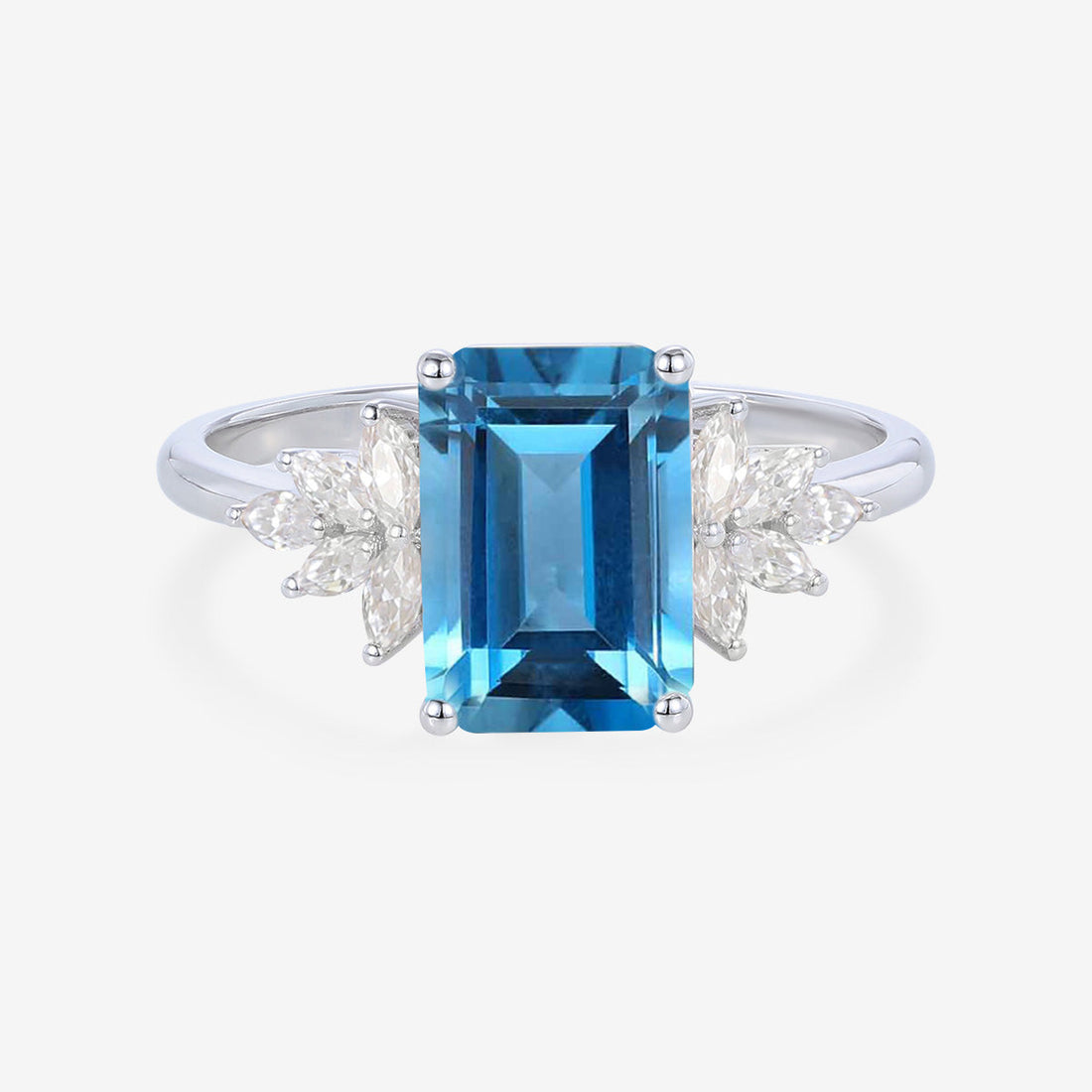 6*9mm Emerald cut London Blue Topaz Cluster Engagement Ring
