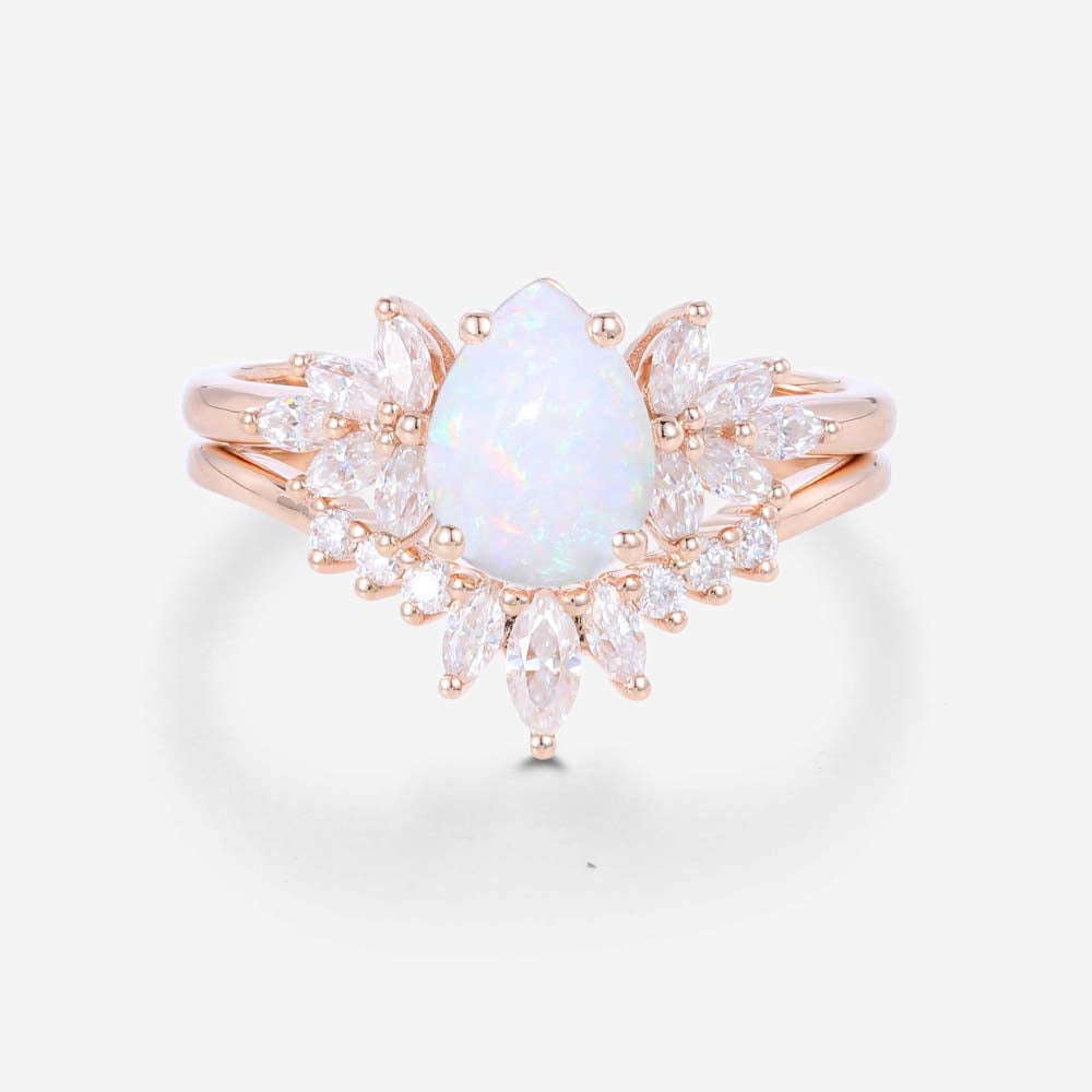 Pear cut Opal Cluster  Engagement ring Bridal Set