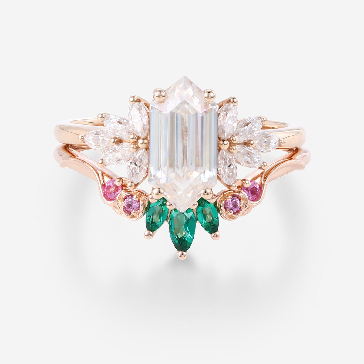 Hexagon cut Moissanite Matching Diamonds | Lab Grown Emerald |  Natural Pink Sapphires  Rose Gold Wedding Bridal Set