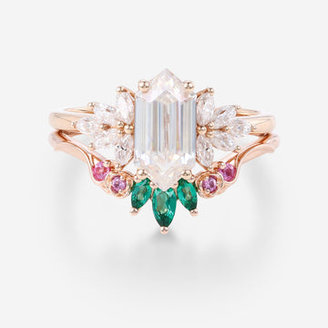 Hexagon cut Moissanite Matching Diamonds | Lab Grown Emerald |  Natural Pink Sapphires  Rose Gold Wedding Bridal Set