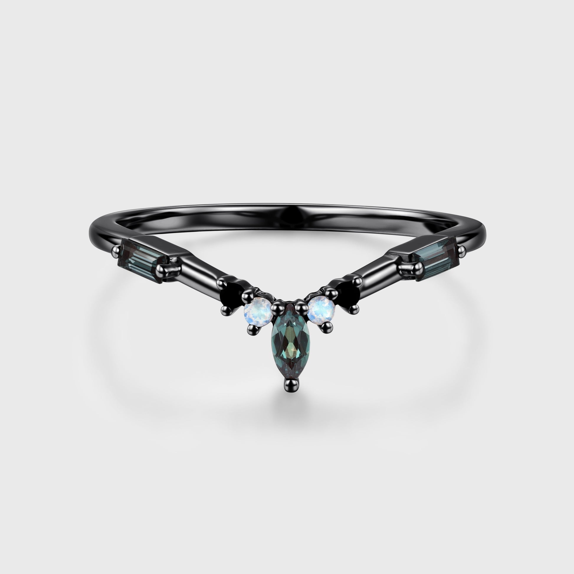 Lab Alexandrite+Moonstone Curved Wedding Band Matching Engagement ring