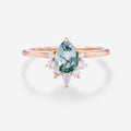 Pear Cut Natural Green Moss Agate Cluster Engagement Ring