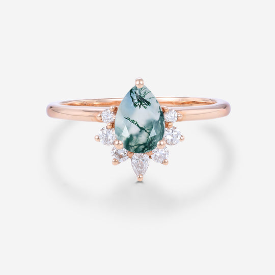 Pear Cut Natural Green Moss Agate Cluster Engagement Ring