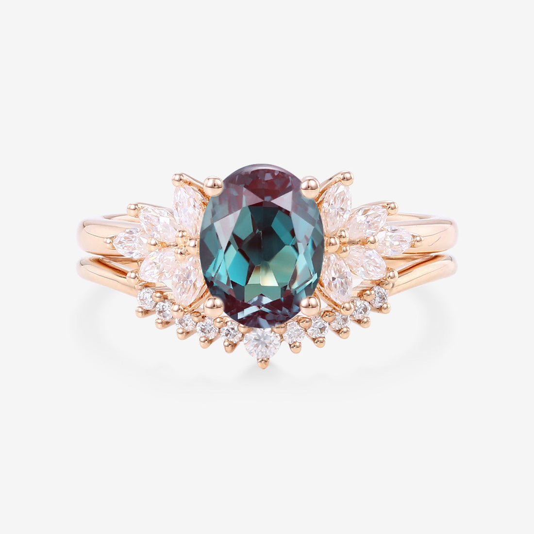 2PCS Oval cut Alexandrite Engagement ring Bridal Set