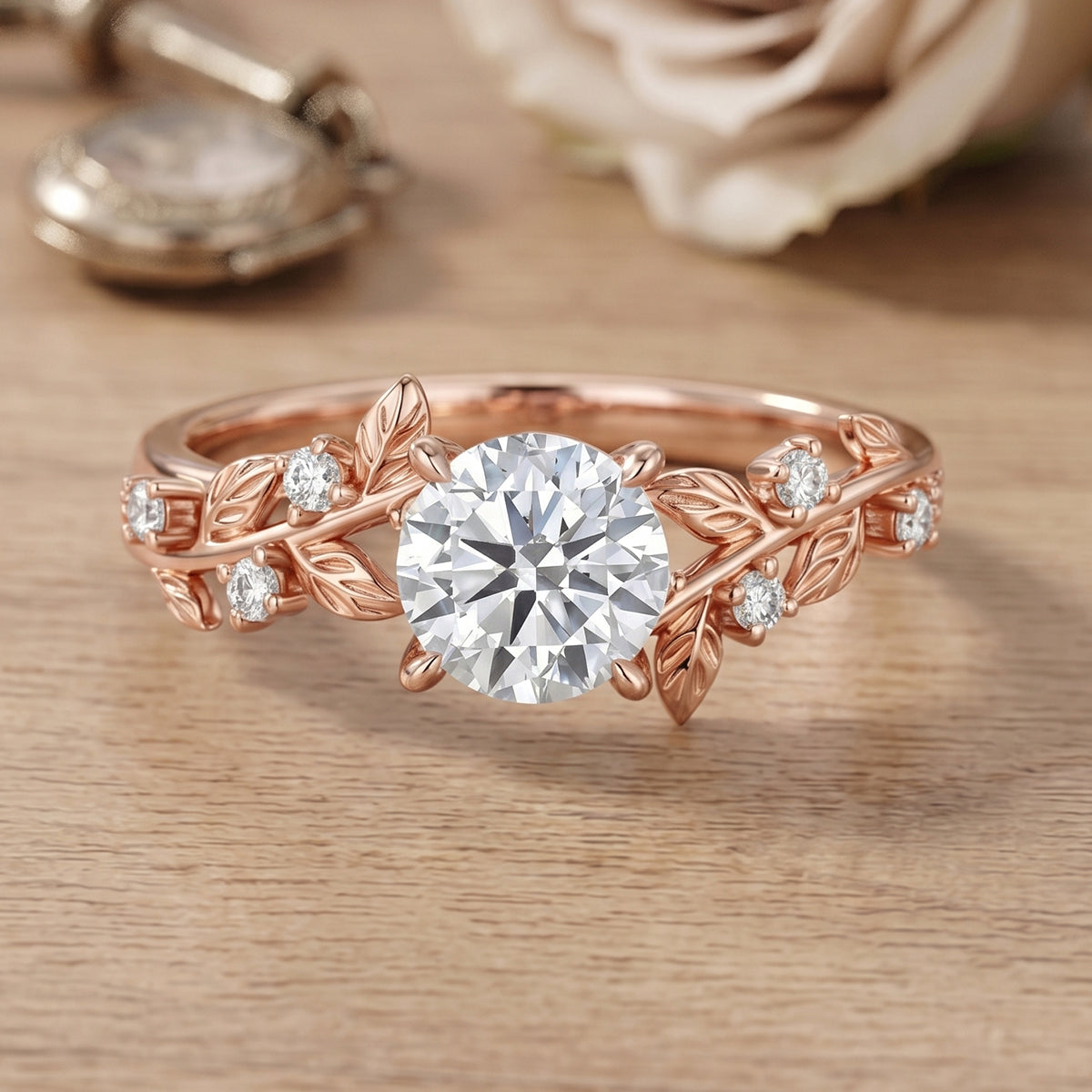 1.0CT~5.0CT Round cut Lab Grown Diamond Cluster Leaf Gold Engagement Ring