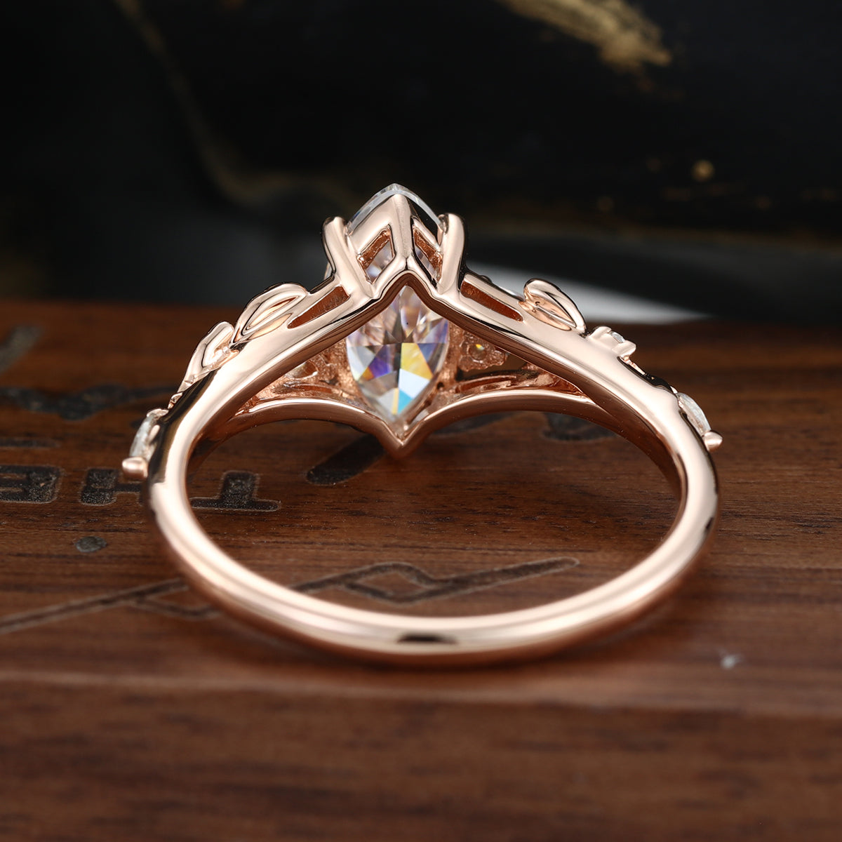 Nature Inspired Marquise cut Moissanite Leaf Gold Engagement Ring