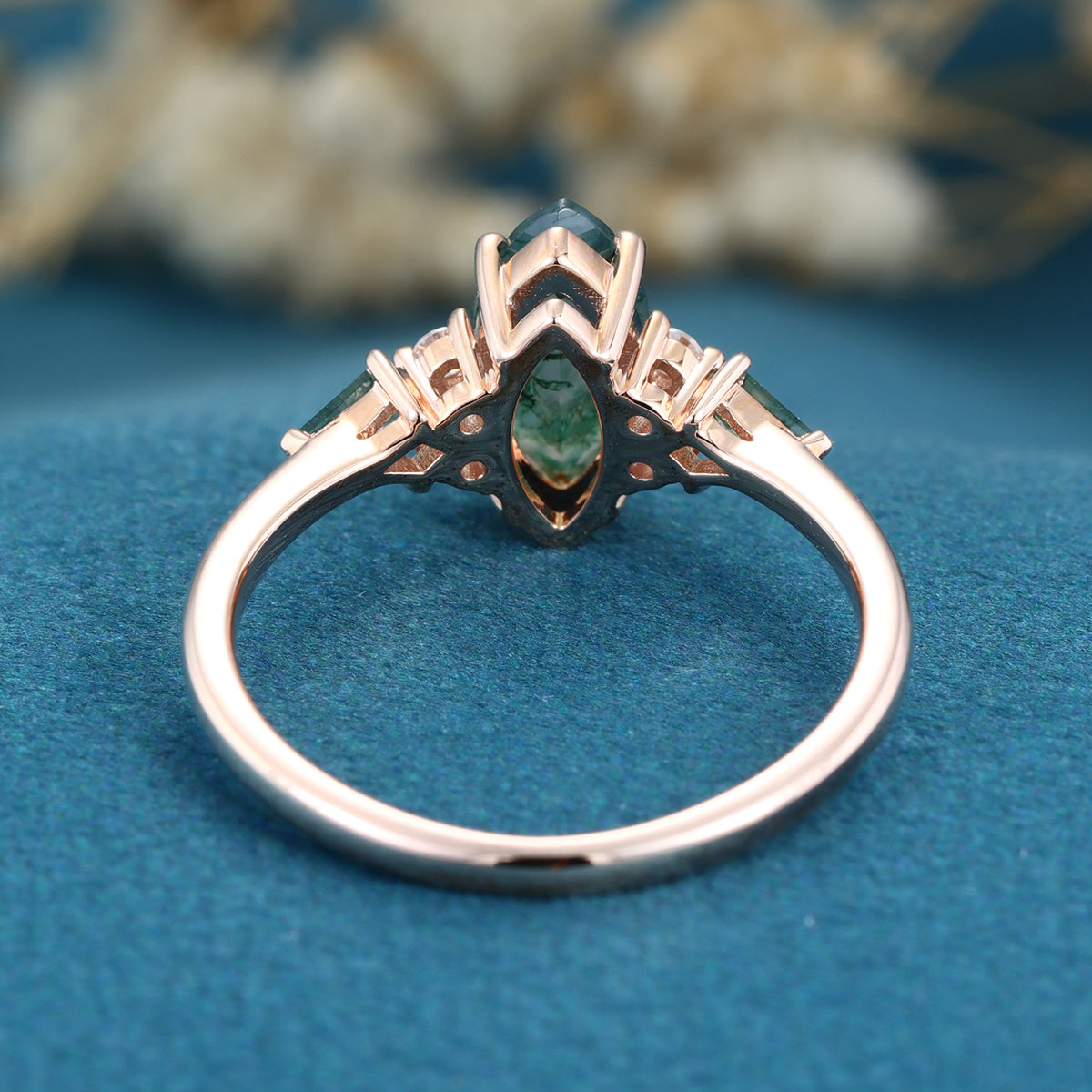 Marquise cut Moss Agate Solid Gold Engagement Ring