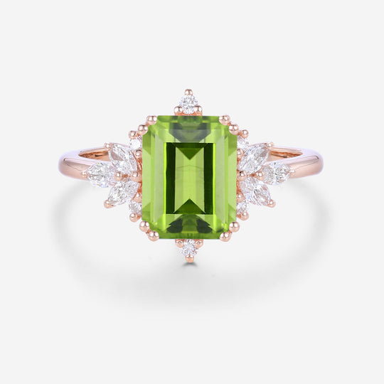 Emerald cut Olivine Cluster Engagement Ring