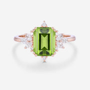 Emerald cut Olivine Cluster Engagement Ring