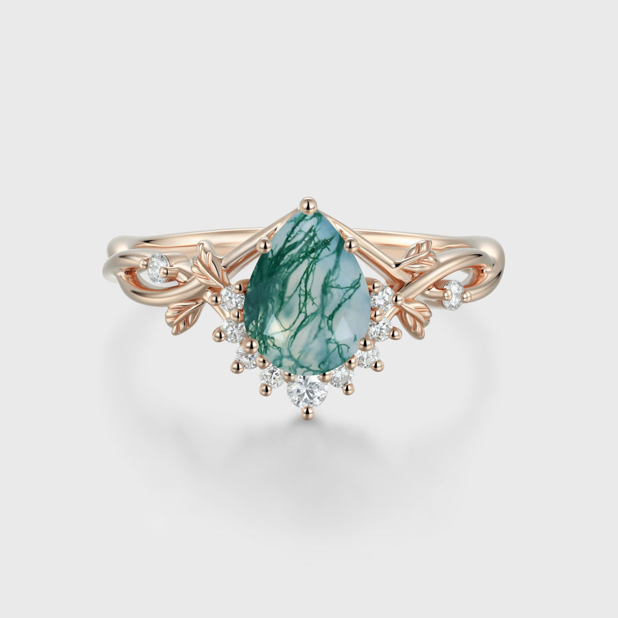 Nature Inspired Pear cut Moss Agate Leaf Gold Engagement Ring