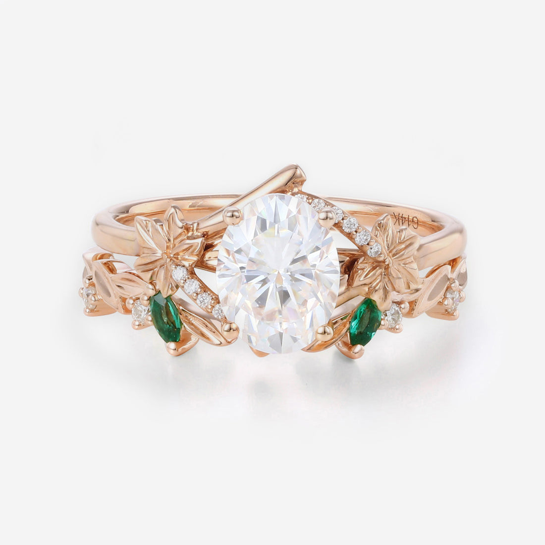 Oval cut Moissanite Rose Gold Matching Moissanite | Lab Grown Emerald Rose Gold Wedding Bridal Set