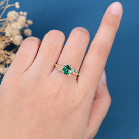 Inspired Pear cut Emerald Solid Gold Engagement Ring