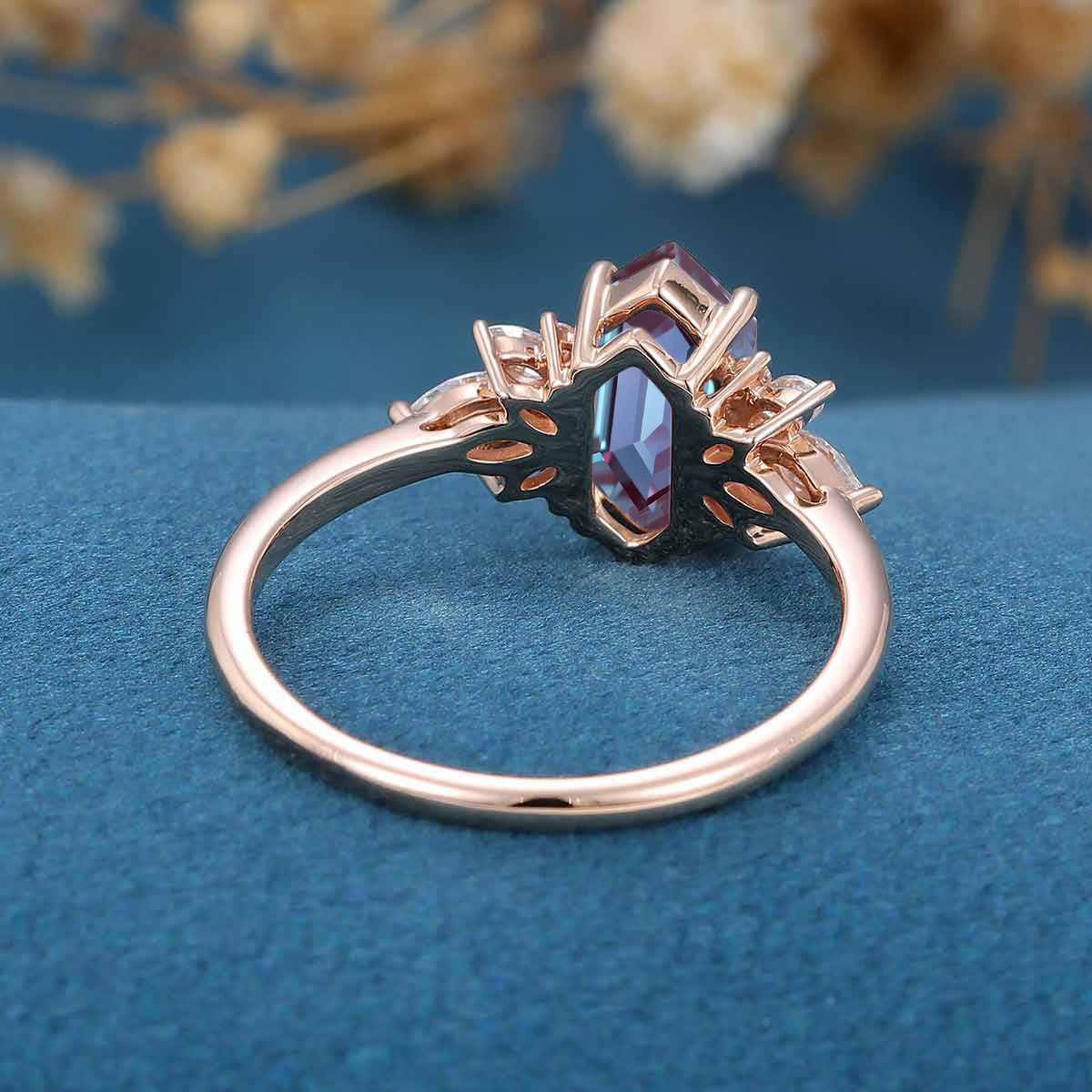 Long Hexagon cut Alexandrite | Diamond Engagement ring 