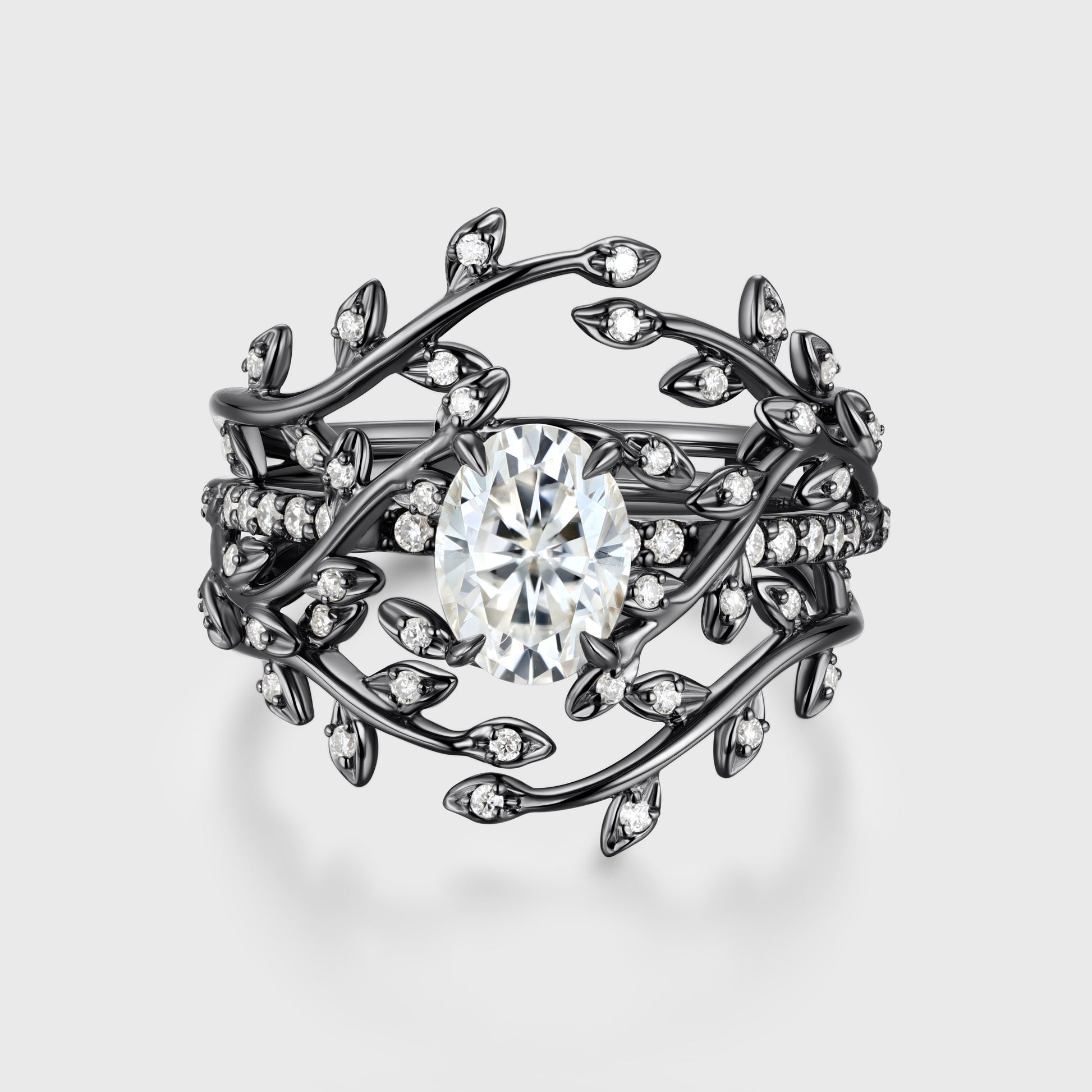 Nature Inspired Oval cut Moissanite Leaf Gold ring set