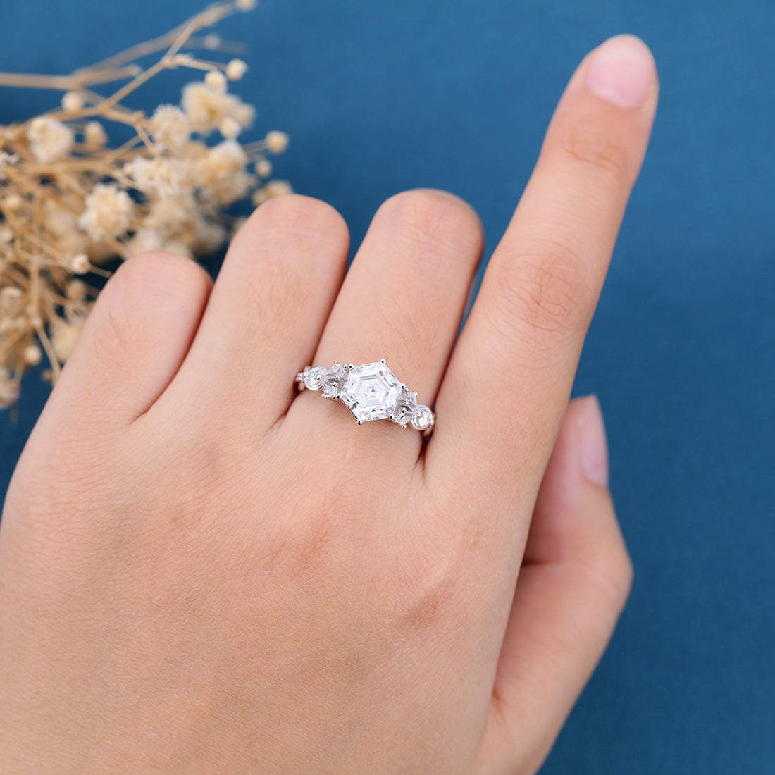 Hexagon Cut Moissanite Cluster Engagement Ring