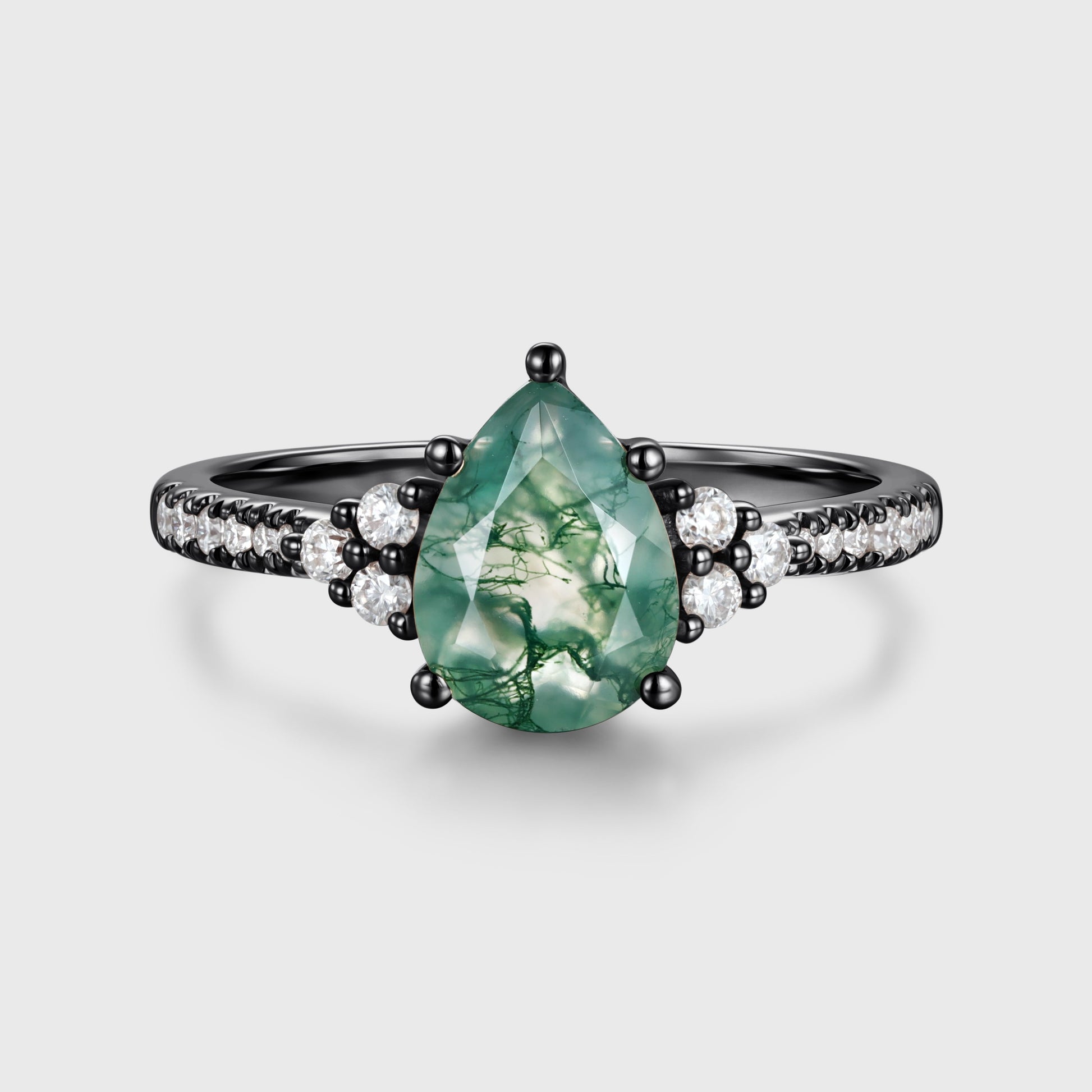 Pear Cut Natural Green Moss Agate Cluster Engagement Ring