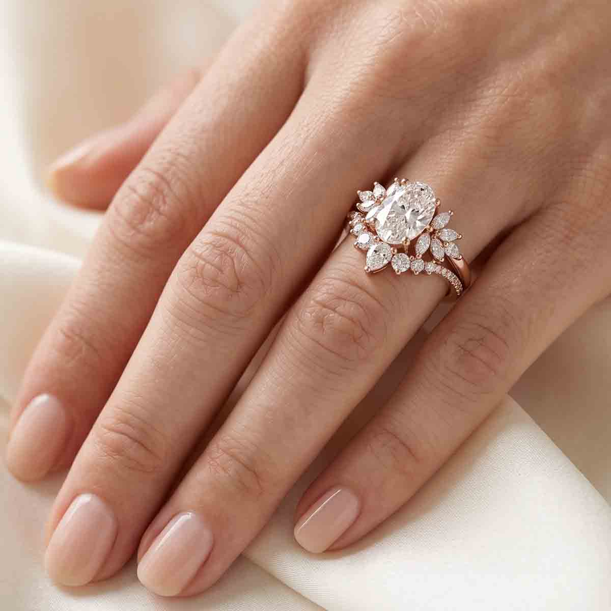 1.0CT~5.0CT Oval cut Lab grown Diamond Cluster Engagement Ring Set
