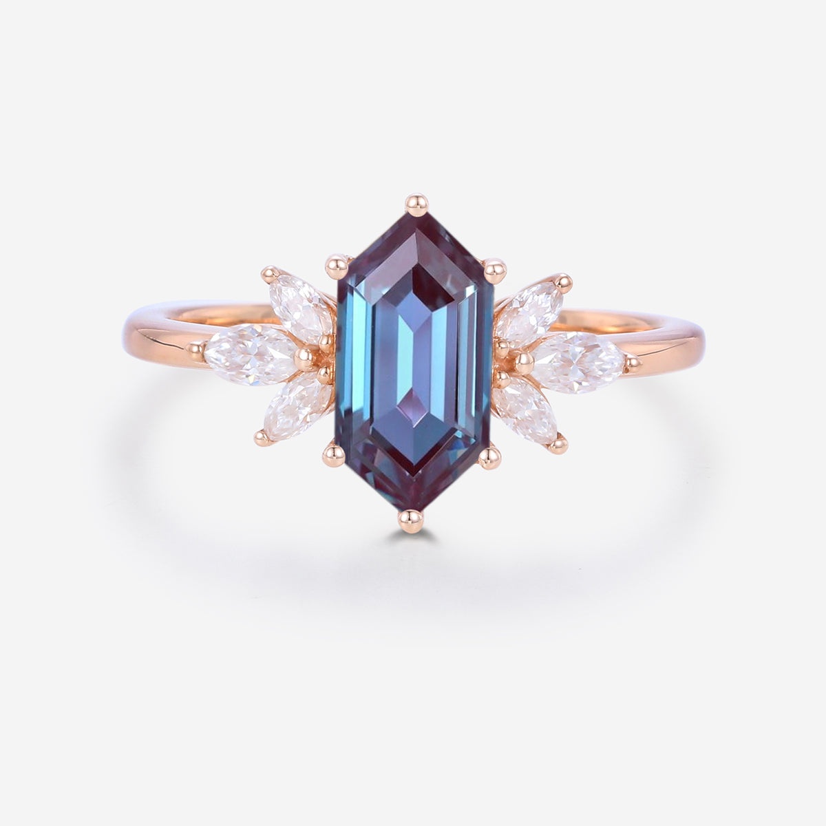 Long Hexagon cut Lab Alexandrite | Diamond Engagement ring