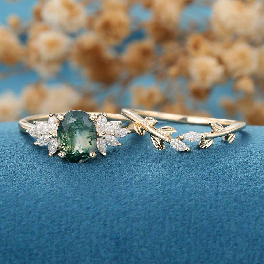 Natural Green Moss Agate Oval Cluster WeddingBridal Sets