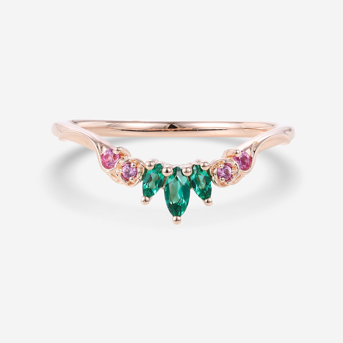 Marquise cut Lab emeralds |  Natural pink sapphire Curved Wedding Band Ring