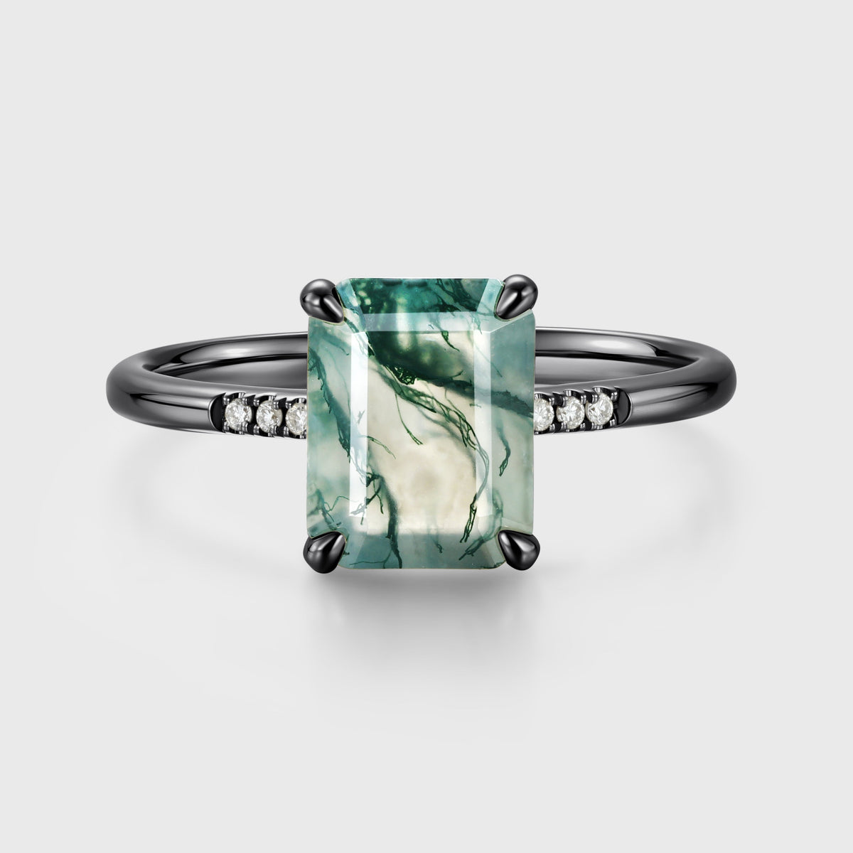 Emerald cut Moss Agate Side Stone Engagement Ring