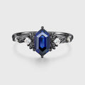 Long Hexagon cut Lab Sapphire + Diamonds Leaf Gold Engagement Ring