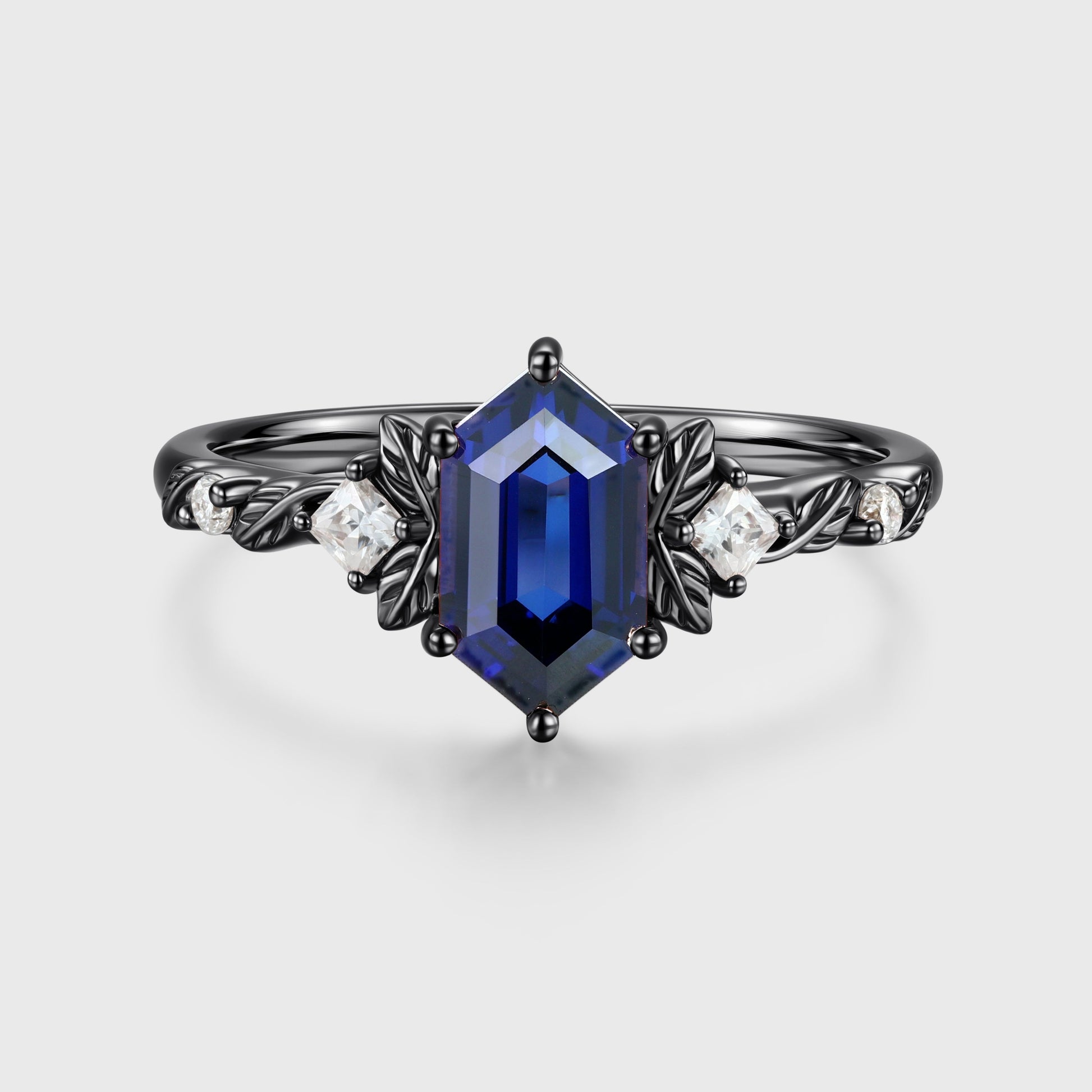 Long Hexagon cut Lab Sapphire + Diamonds Leaf Gold Engagement Ring