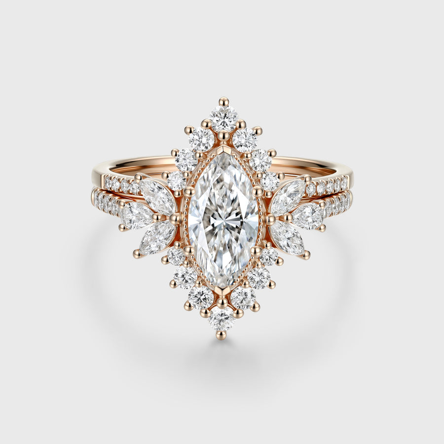 1.0CT~5.0CT Marquise cut Lab grown Diamond Halo Engagement Ring Set Luxury Pave Everyday Stackable Set
