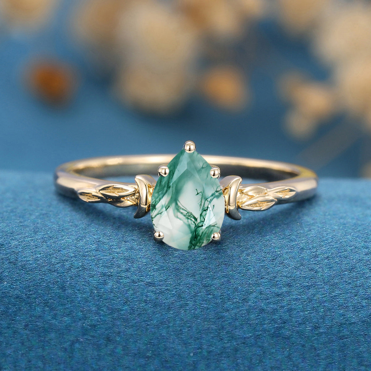 Pear Cut Natural Green Moss Agate Cluster Engagement Ring