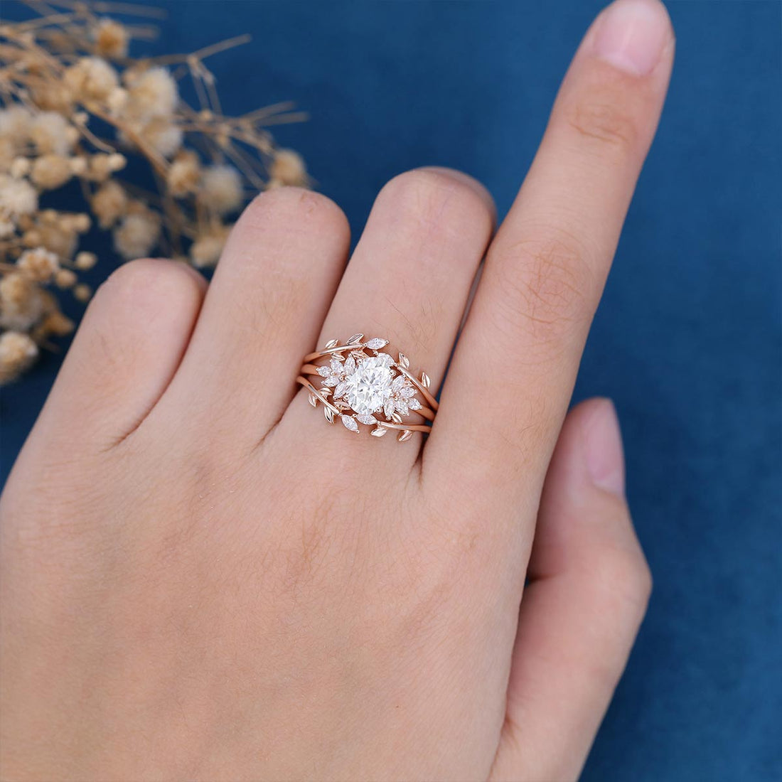 1.5Carat Oval Moissanite Cluster Engagement Bridal Set