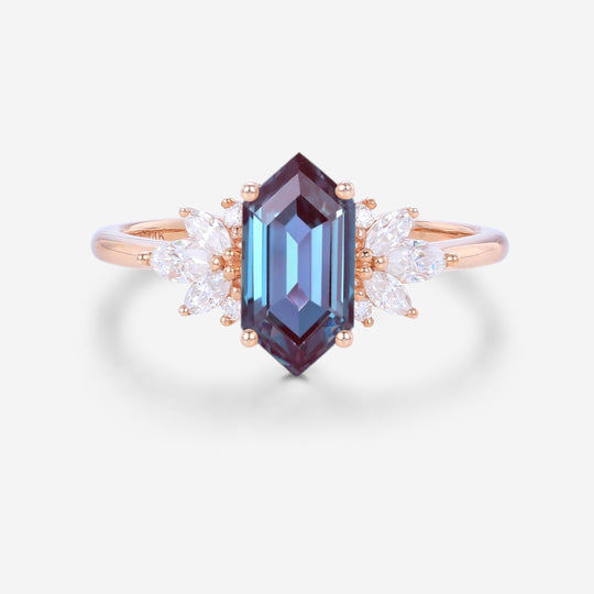 Long Hexagon cut Alexandrite | Diamond Engagement ring