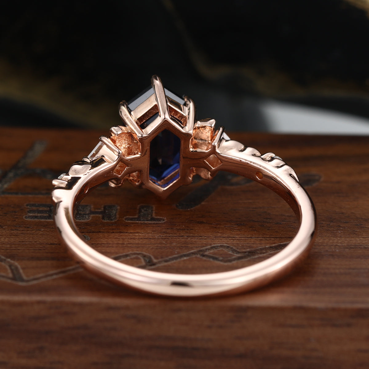 Long Hexagon cut Lab Sapphire + Diamonds Leaf Gold Engagement Ring