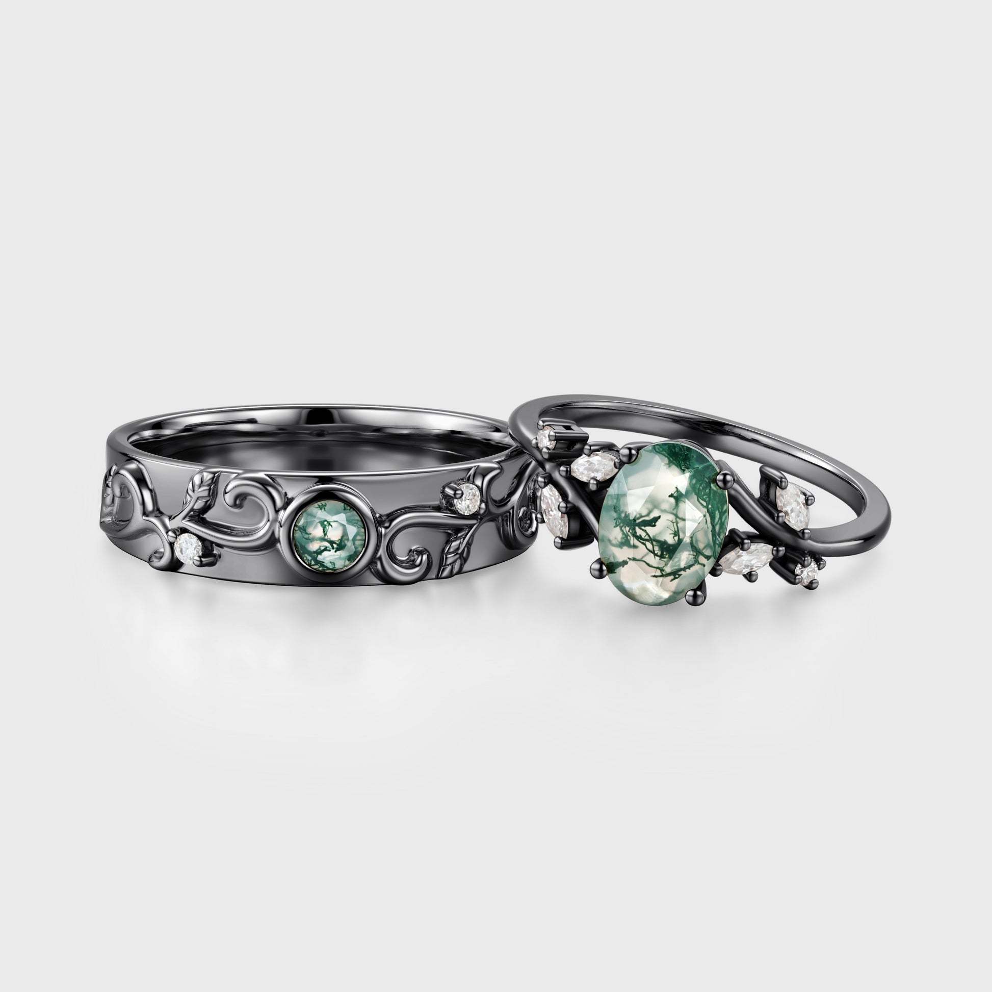 Forever Glow Moss Agate Couple Rings | Rose Gold Leaf Wedding Bridal Set