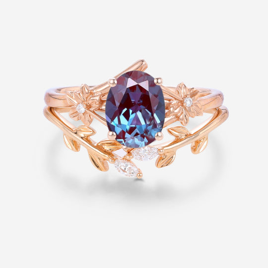 Oval cut Lab Alexandrite | Diamond Engagement Ring Bridal Set