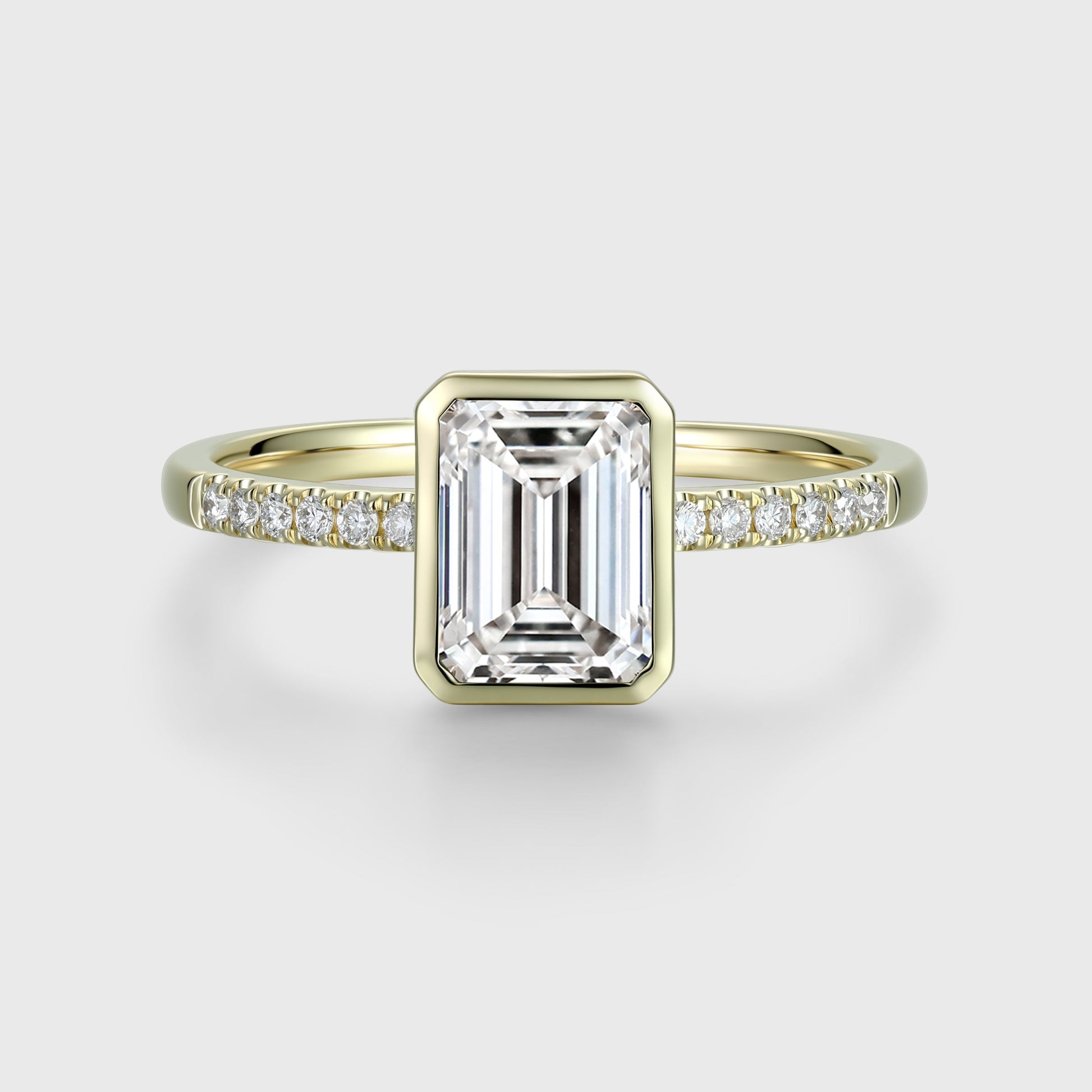 Bezel setting Emerald cut Lab grown Diamond Half Eternity Sold Gold Engagement Ring