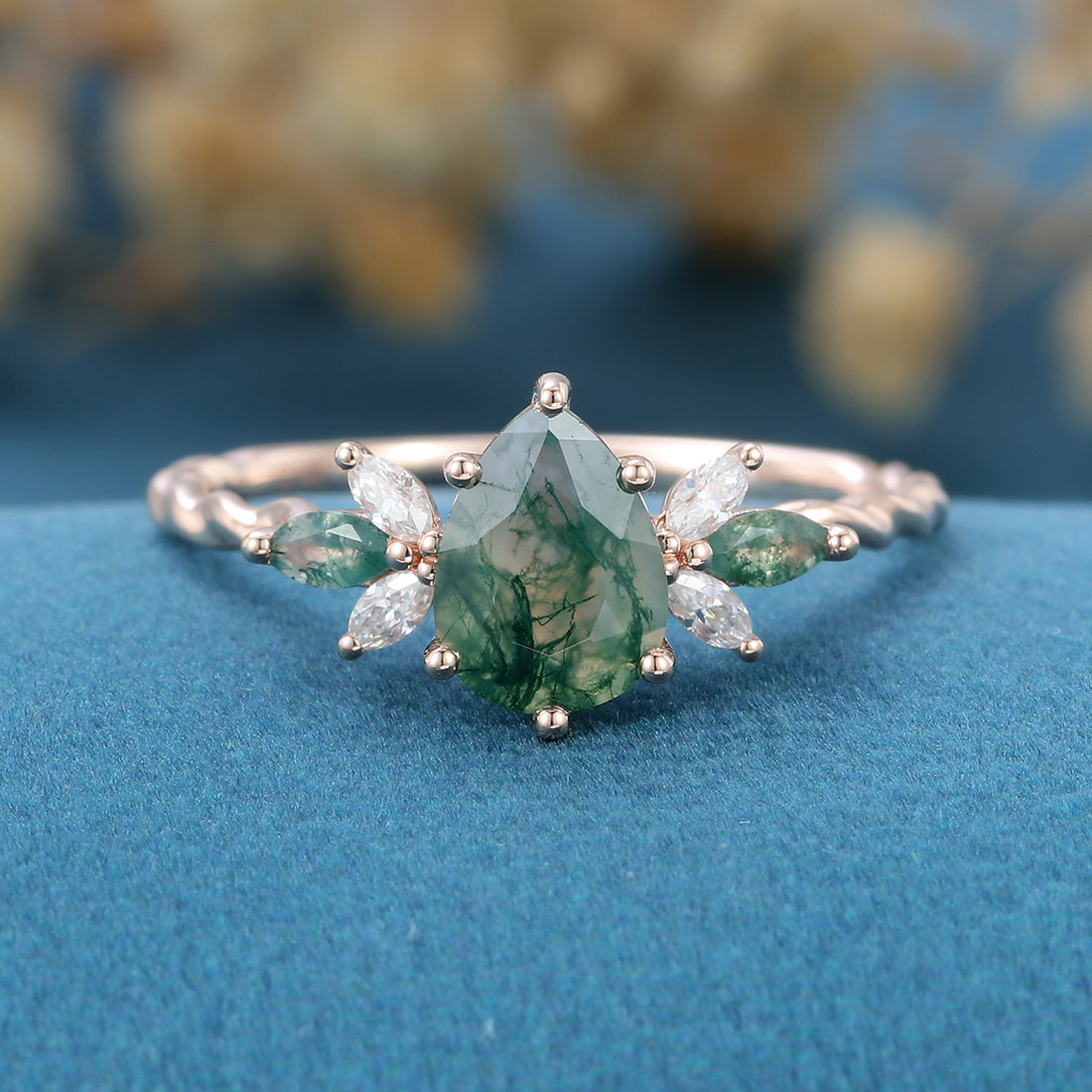 Inspired Pear cut Moss Agate Solid Gold Twisted Shank Engagement Ring