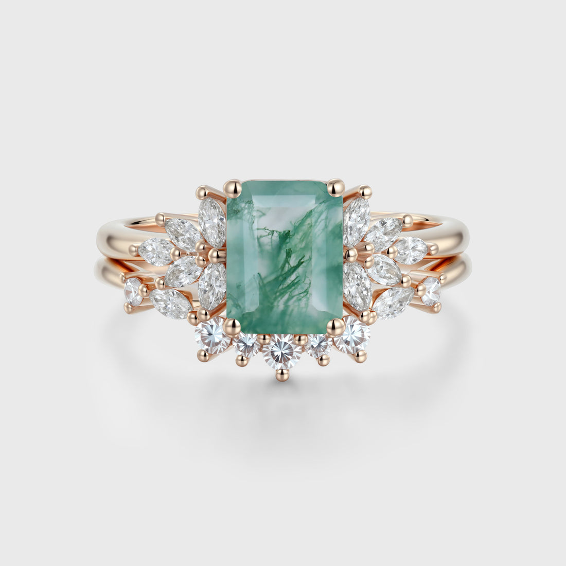 Emerald cut Moss Agate Engagement ring Bridal Set