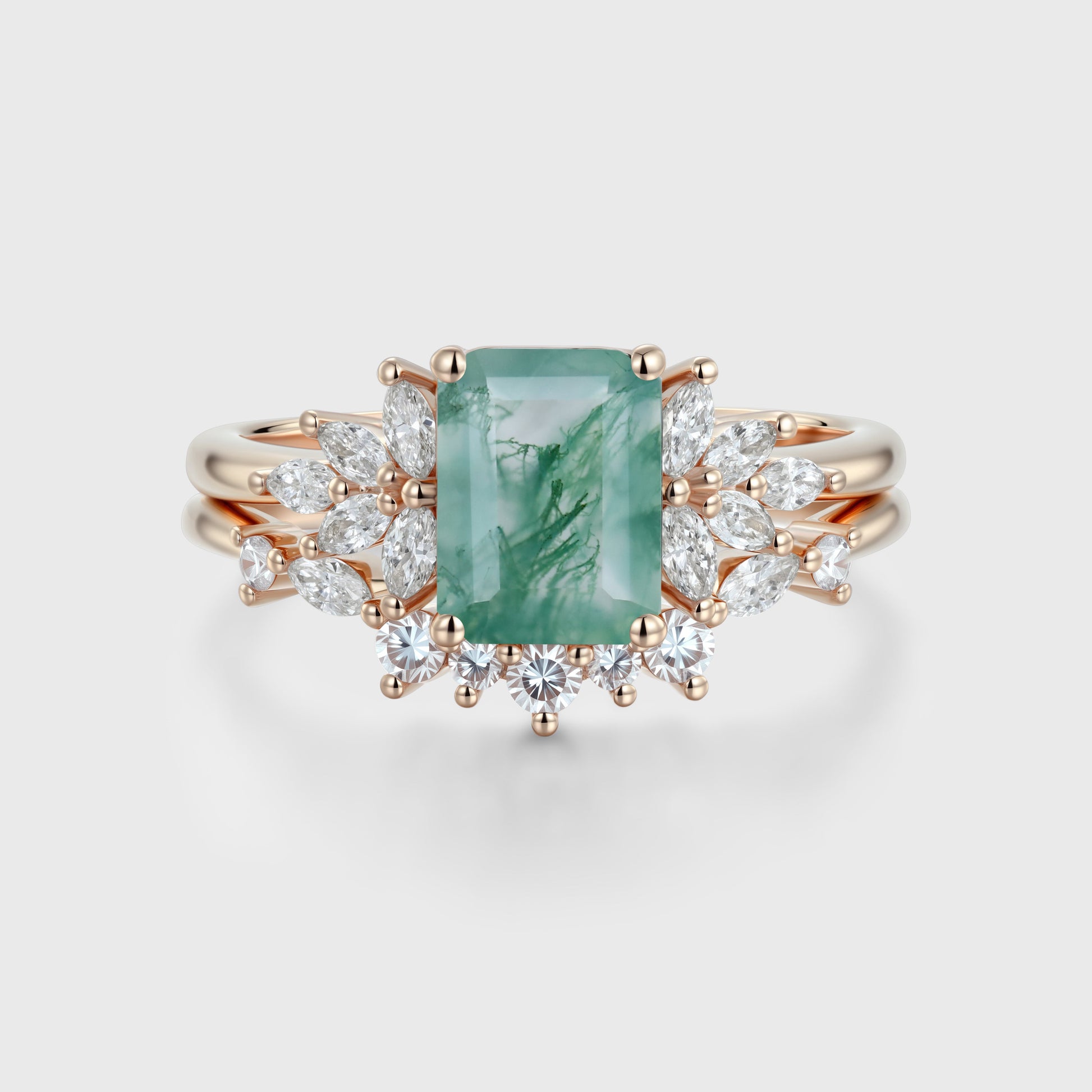 Emerald cut Moss Agate Engagement ring Bridal Set