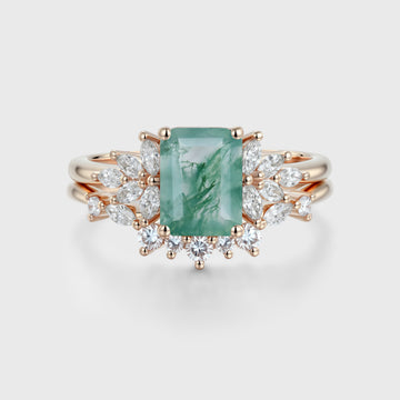 Emerald cut Moss Agate Engagement ring Bridal Set