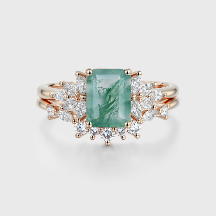 Emerald cut Moss Agate Engagement ring Bridal Set