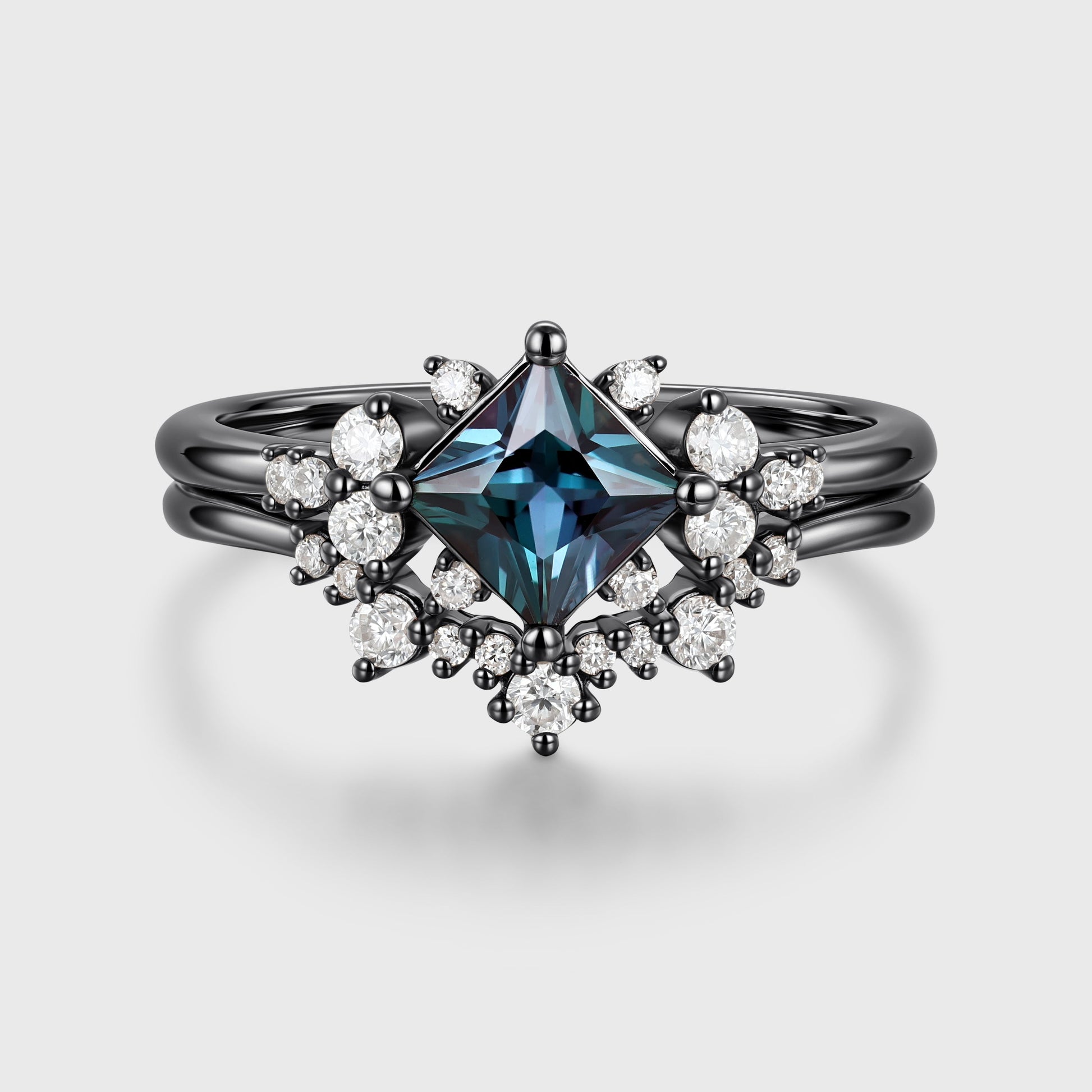 Princess cut Lab Alexandrite | Diamond Engagement Ring Bridal Set