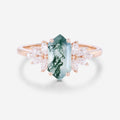 1.0 Carat Long Hexagon Cut Natural Green Moss Agate Cluster Engagement Ring