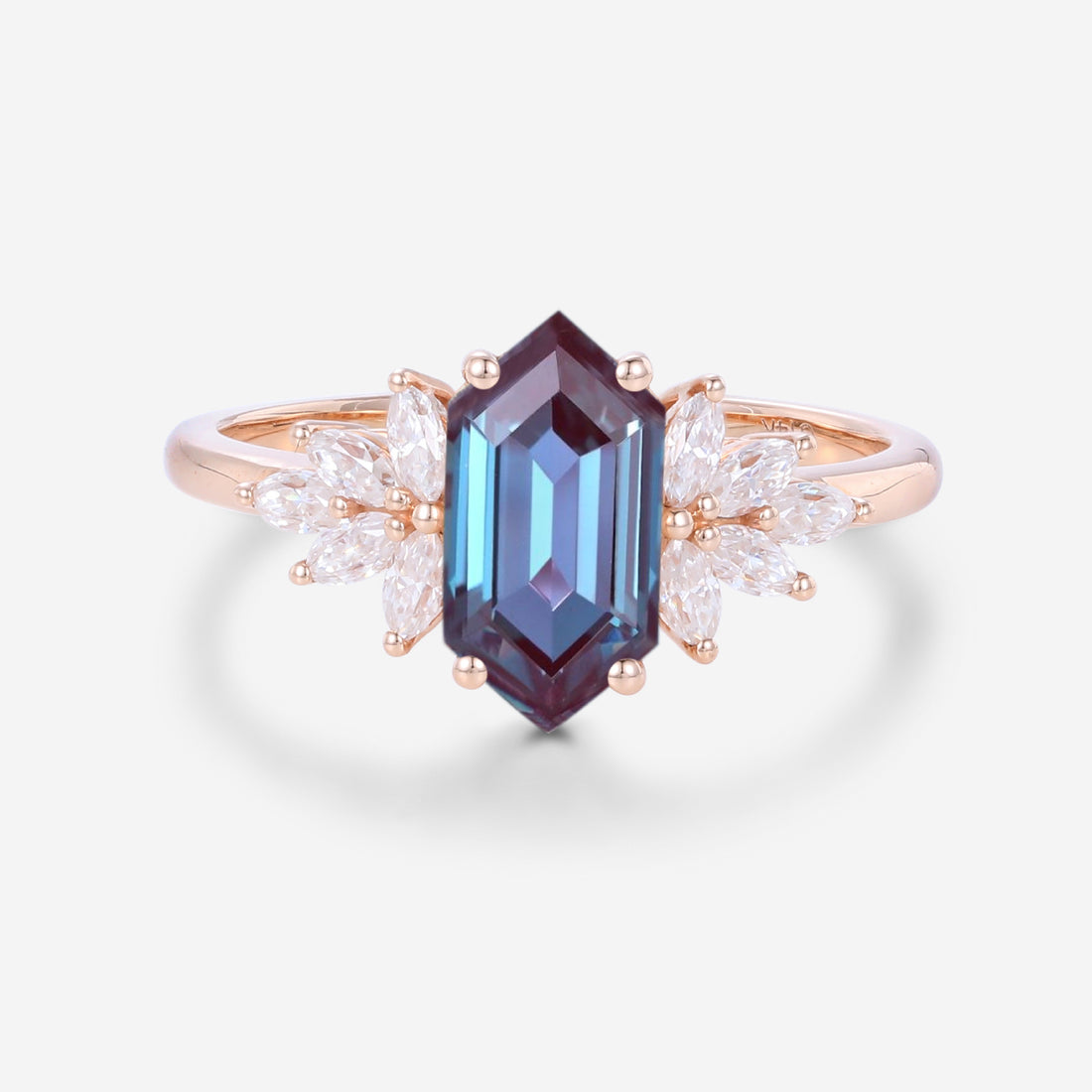 Long Hexagon cut Lab Alexandrite Engagement ring