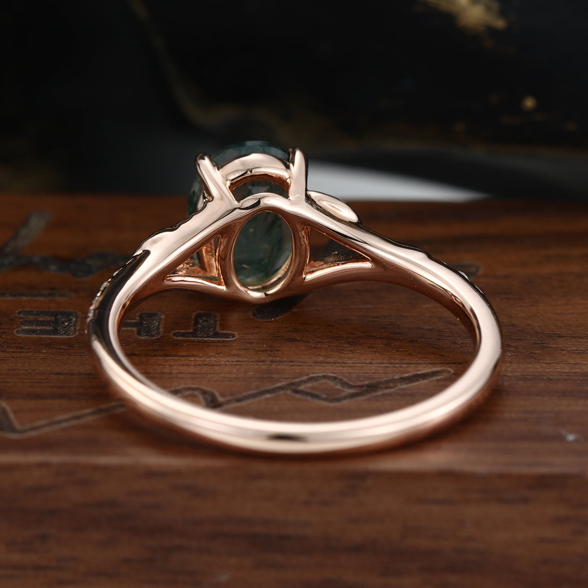 Oval cut Moss Agate Leaf Gold Pave Diamonds Engagement Ring